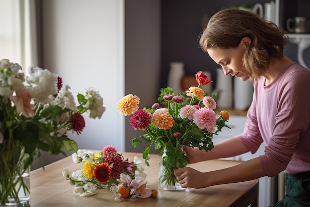 Mulher colocando flores frescas em um vaso em uma mesa de jantar