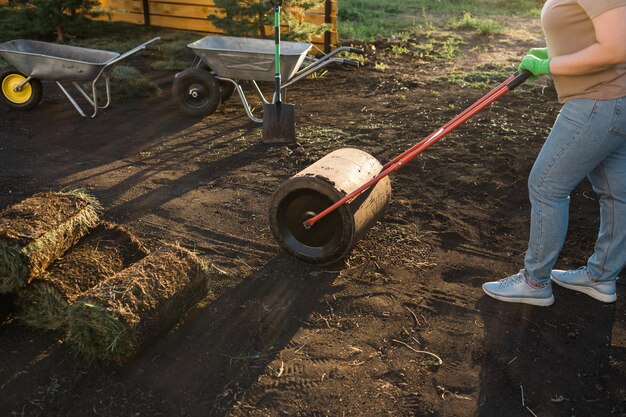 Mulher colocando grama para o novo conceito de colocação de gramado de jardim