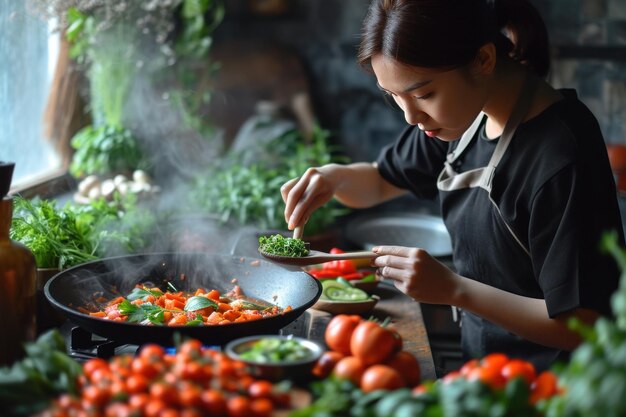 mulher colocando tempero nos vegetais enquanto os agita