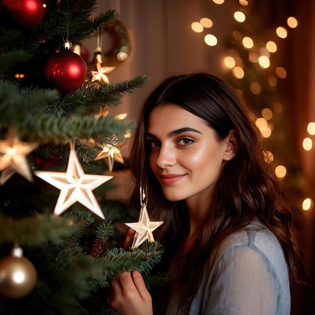 Mulher colocando um ornamento de estrelas na árvore de Natal sorrindo