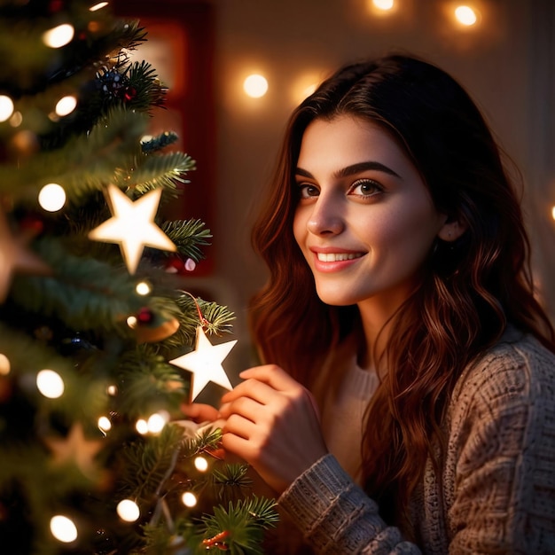 Mulher colocando um ornamento de estrelas na árvore de natal sorrindo