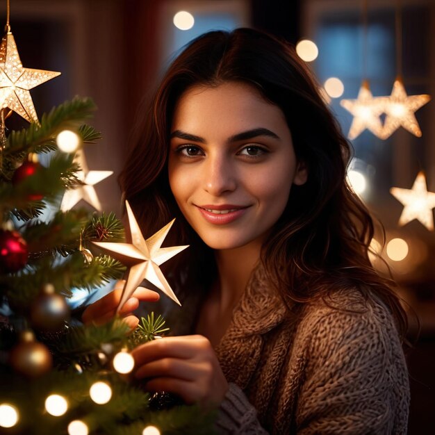 Foto mulher colocando um ornamento de estrelas na árvore de natal sorrindo