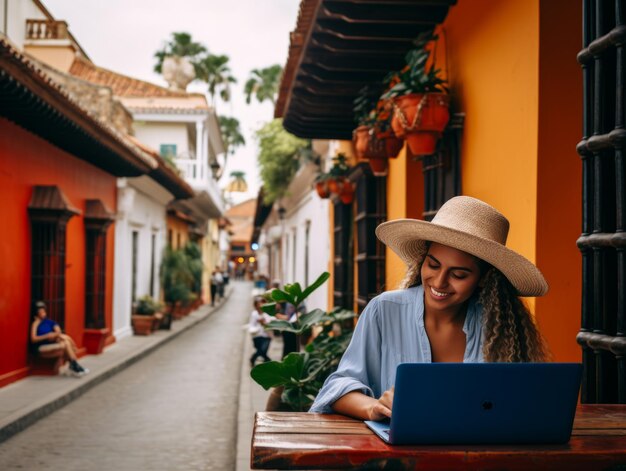 Mulher colombiana trabalhando em um laptop em um ambiente urbano vibrante