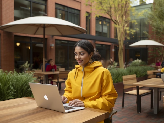 Foto mulher colombiana trabalhando em um laptop em um ambiente urbano vibrante