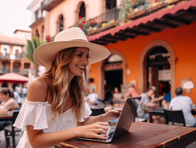 Mulher colombiana trabalhando em um laptop em um ambiente urbano vibrante