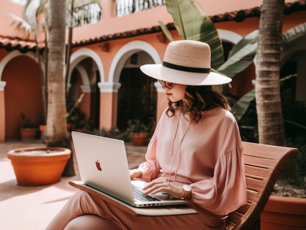 Mulher colombiana trabalhando em um laptop em um ambiente urbano vibrante