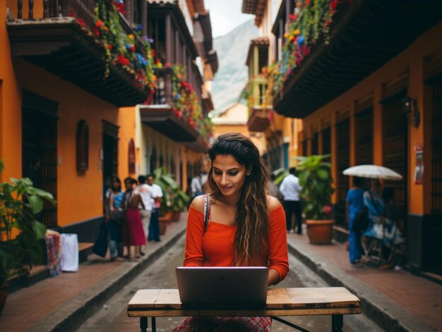 Mulher colombiana trabalhando em um laptop em um ambiente urbano vibrante