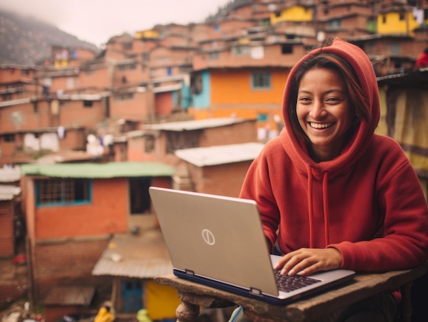 Mulher colombiana trabalhando em um laptop em um ambiente urbano vibrante