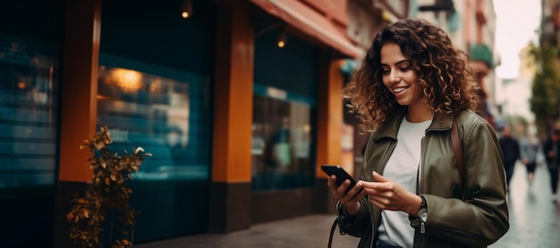 Mulher colombiana usando um smartphone em uma rua colombiana gerada por IA