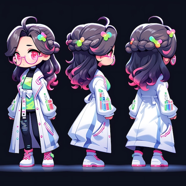 Foto mulher colorida chibi kawaii cientista lab coat neon cores tubo de ensaio design de coleções criativas