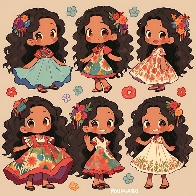 Foto mulher colorida chibi kawaii hawaiian muumuu impressões florais tropicais coleção de personagens bonitos s