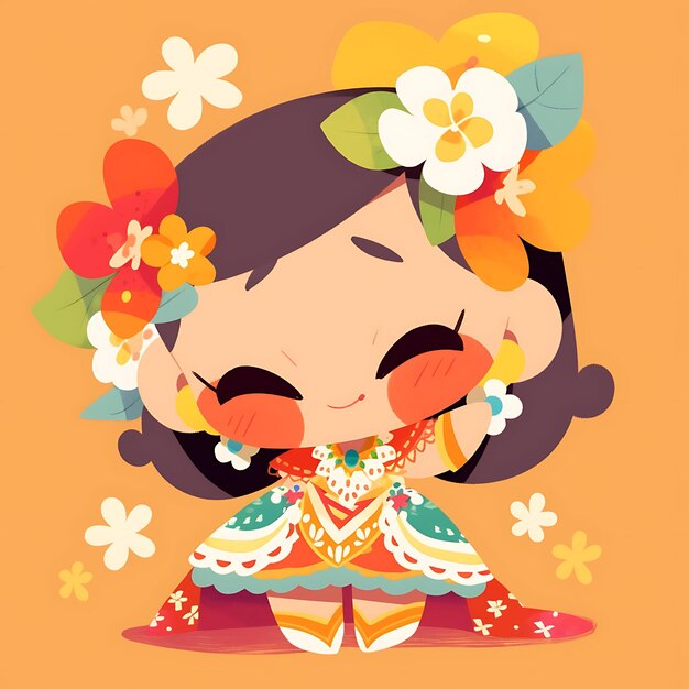 Mulher colorida Chibi Kawaii Hula havaiana Cores tropicais Lei Neckla coleção de personagens bonitos