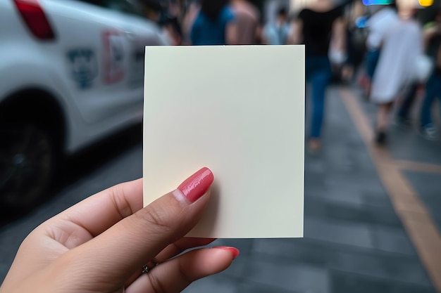 Mulher com a mão segurando um cartão de papel em branco com espaço de cópia no fundo da rua