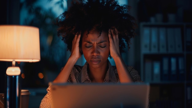 Mulher com a testa arrugada trabalhando até tarde no computador sentindo-se estressada