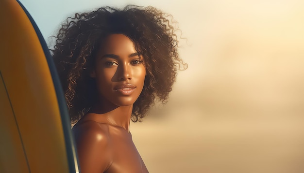 Mulher com afro curls e surf na praia mês de história negra