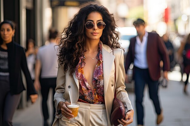 Foto mulher com afro e óculos de sol vestindo uma camisa que exala vibrações frescas