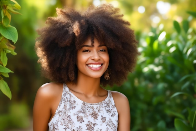 Mulher com afro sorri para a câmera enquanto usa top Generative AI