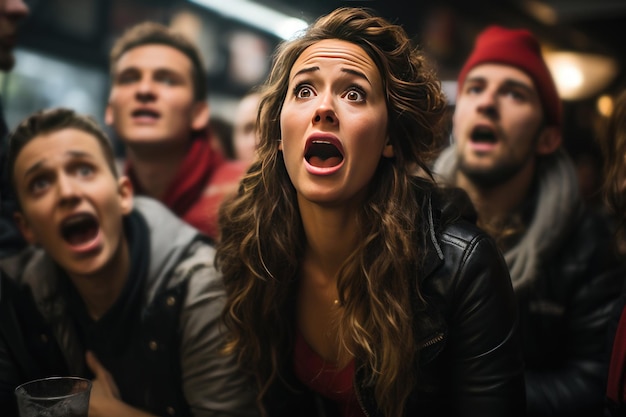 Mulher com amigos do sexo masculino assistindo transmissão de futebol em um pub