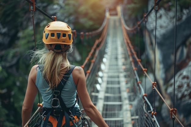 Mulher com arnês de capacete caminhando em uma ponte fazendo via ferrata