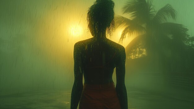 Mulher com as costas em belos trópicos no tempo chuvoso