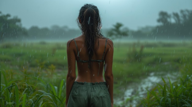 Mulher com as costas em belos trópicos no tempo chuvoso