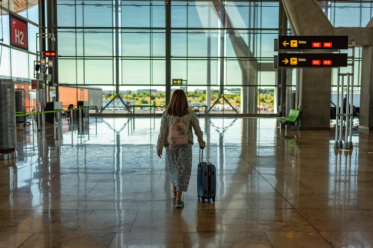 Foto mulher com as costas para ela caminhando pelos grandes corredores do terminal do aeroporto para embarcar no avião