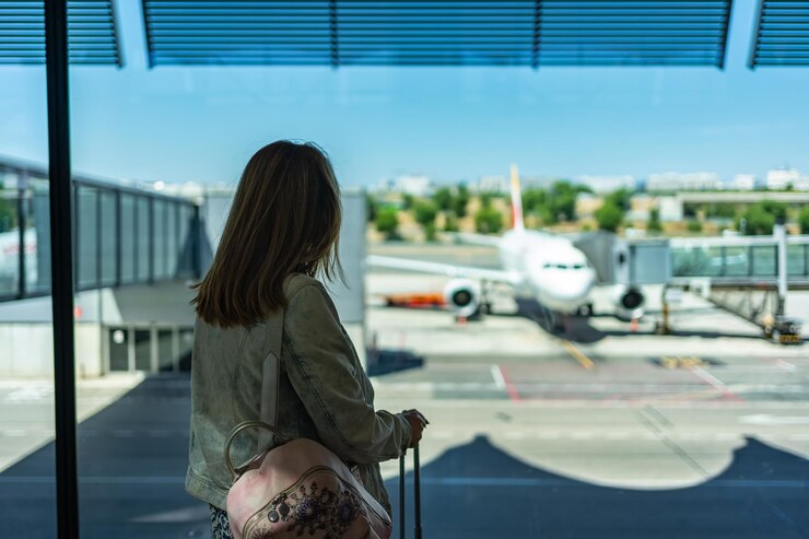 Mulher com as costas para ela esperando no aeroporto para embarcar no avião estacionado no terminal