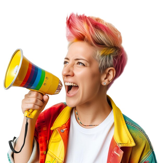 Foto mulher com atributos lgbt fala em megafone