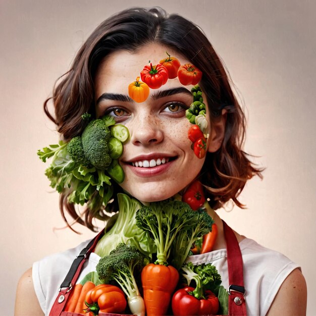 Foto mulher com avental e vegetais veganos veganos