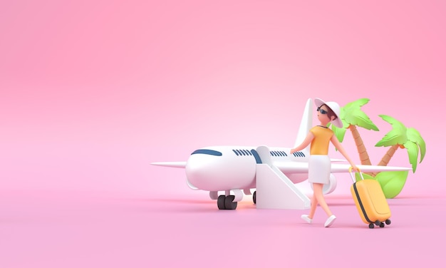 Mulher com bagagem caminhando para ilustração 3D de avião