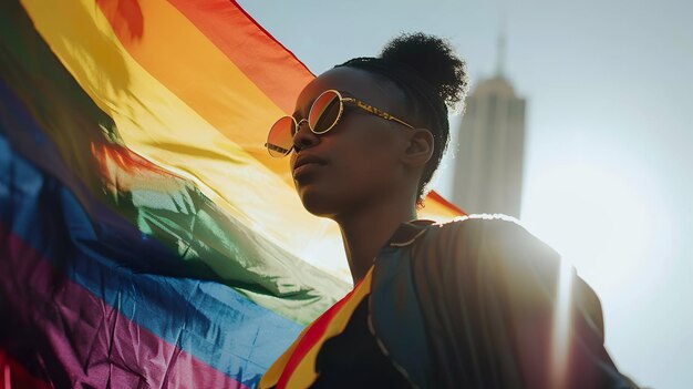 Foto mulher com bandeira de orgulho à luz do sol