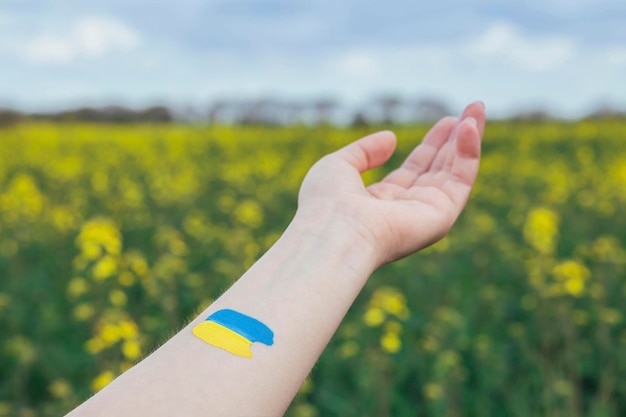 Mulher com bandeira ucraniana na mão em um campo com flores