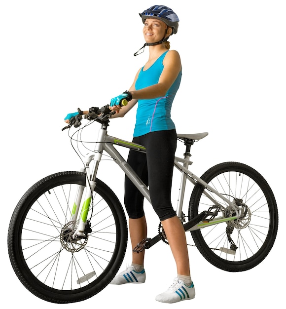 Foto mulher com bicicleta esportiva isolada no fundo branco