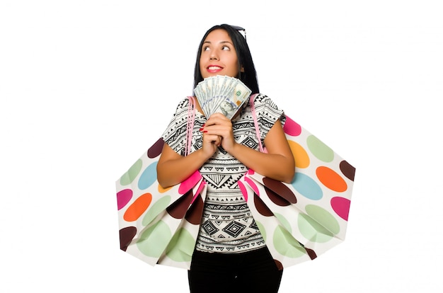 Mulher, com, bolsas para compras, isolado, branco