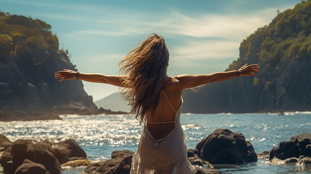 Foto mulher com braços estendidos aproveitando o vento e respirando ar fresco na praia rochosa