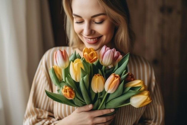 Mulher com buquê de tupils na primavera retrato ao ar livre de jovem sorridente com flores na rua Generative AI