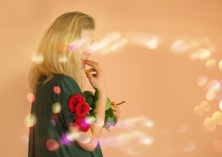 Foto mulher com buquê sobre fundo bege retrato de uma jovem alegre em vestido com rosas vermelhas