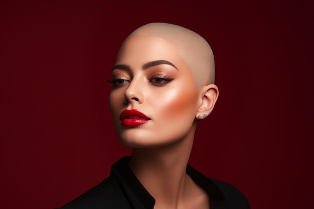 Mulher com cabeça careca e batom vermelho em fundo vermelho