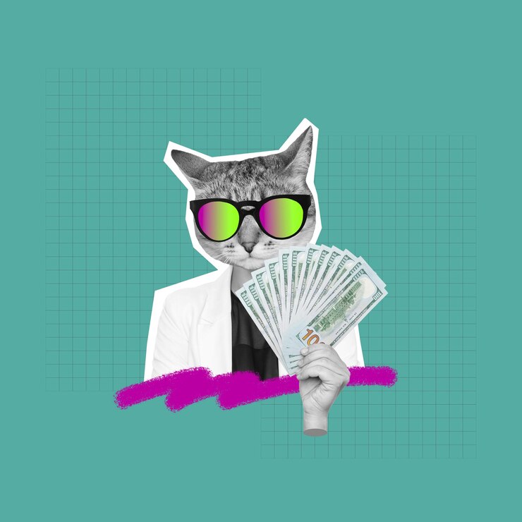Foto mulher com cabeça de gato em óculos de sol e casaco branco segurando um saco de notas de cem dólares