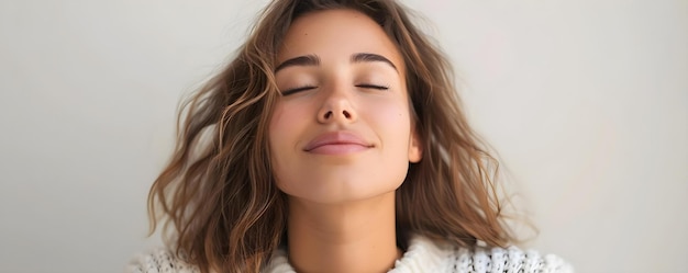 Foto mulher com cabelo balayage olhando serena em um fundo branco conceito moda penteados de moda fotografia de retrato elegança simples expressões serenas