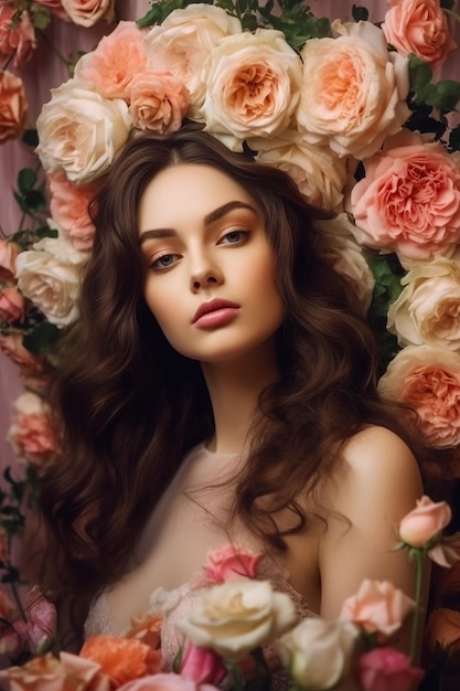 Mulher com cabelo comprido em frente a um ramo de flores com os olhos fechados Generative AI