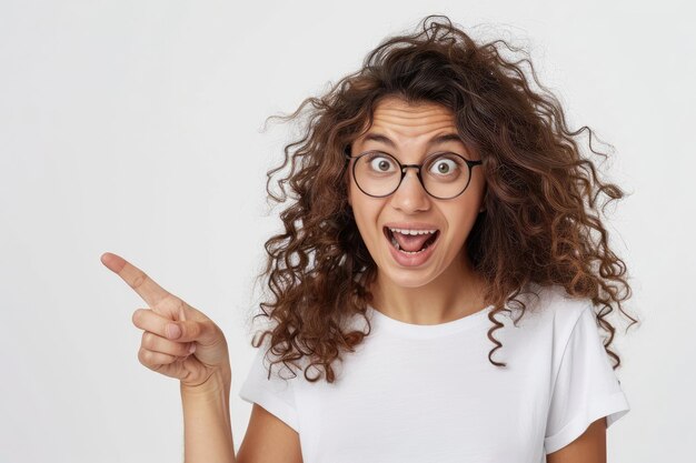 Mulher com cabelo encaracolado apresentando produto com expressão de surpresa