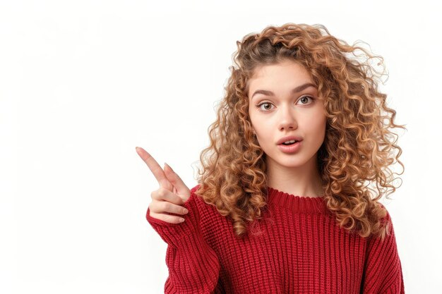 Mulher com cabelo encaracolado apresentando produto com expressão de surpresa