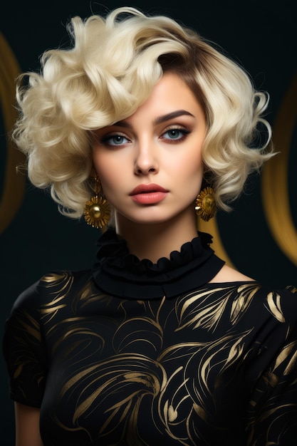 Mulher com cabelo loiro e vestido preto com decorações de ouro IA generativa