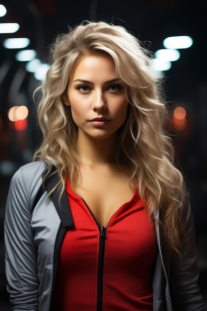 Mulher com cabelo loiro longo e top vermelho IA generativa
