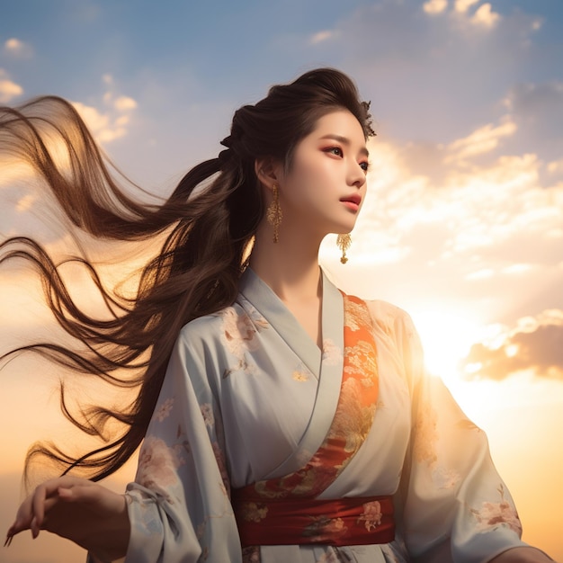 mulher com cabelo longo em vestido de kimono de pé na frente do sol generativo ai