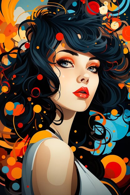 Mulher com cabelo preto e olhos laranja é mostrada nesta pintura artística AI gerativa