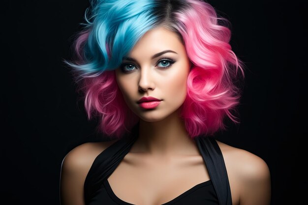 Foto mulher com cabelo rosa e azul com top preto ia generativa