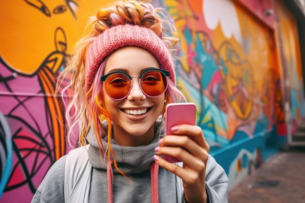 Mulher com cabelo rosa e óculos escuros segurando um telefone celular