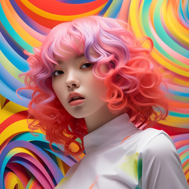 mulher com cabelo rosa e roupas brancas círculos coloridos no fundo